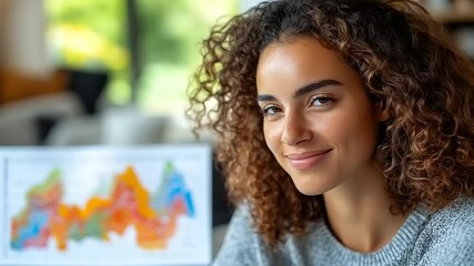 Smiling woman with curly hair, in front of colorful graph - Powered by Adobe