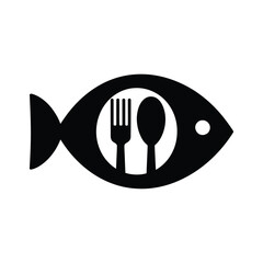 Fish Restaurant Logo – Vector Silhouette of Fish Shape with Spoon and Fork Cutlery Symbol for Seafood Dining, Bistro or Culinary Branding