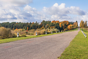 Fototapeta premium Autumn landscape along a winding road with trees in orange and green hues