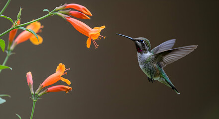 Fototapeta premium Hummingbird in Flight Near Vibrant Orange Flower Blooming