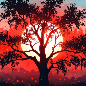 sunset behind a tall gaint  old tree