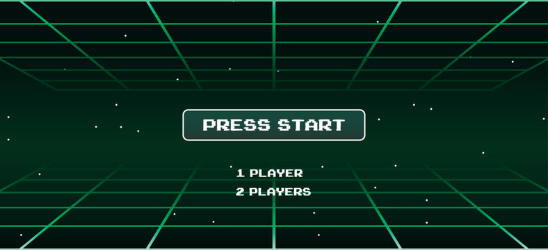 A retro-themed video game start screen with pixelated text "PRESS START" and player options, set against a glowing green grid and starry background.