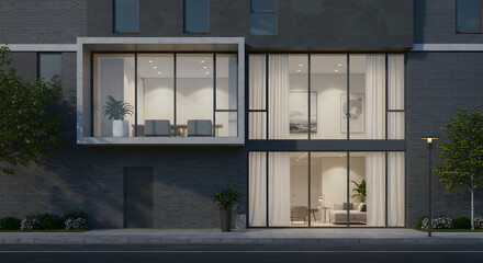 Modern Urban Architecture with Sleek Glass Facades at Night