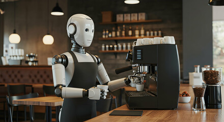 Robot Barista Preparing Coffee in Modern Cafe Setting