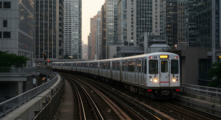 Fototapeta premium Urban Skyline with Train Passing Through Modern City Architecture