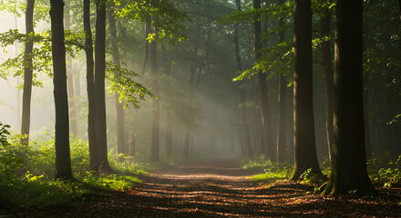 Obraz premium Serene Forest Path with Sunlight Through Trees in Early Morning