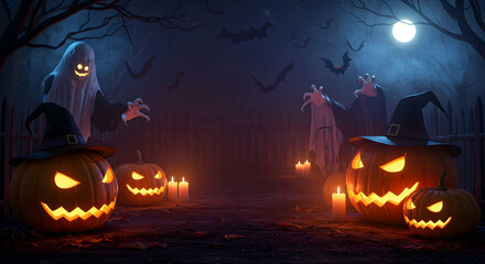 Spooky Halloween Scene with Ghosts, Pumpkins, and Bats at Night