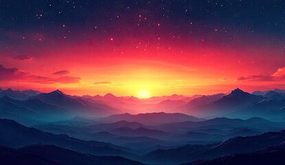 Vivid sunrise over a majestic mountain range at dawn.