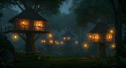 Enchanted Tree Houses Illuminated by Lanterns in Misty Forest
