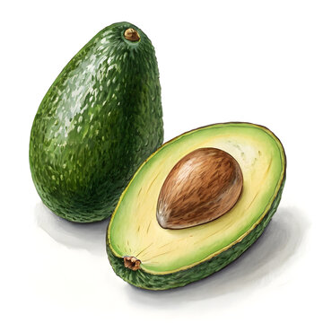 green avocados, whole and sliced, white background clip art preview