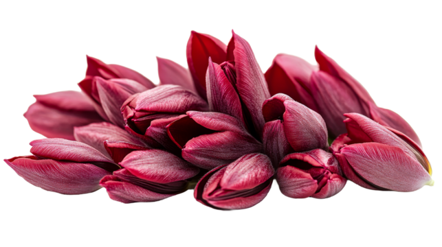 Clustered unopened tulip blossoms, deep red color, cut out transparent