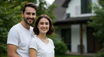 Fototapeta premium Happy young couple smiling outdoors near modern home in summer