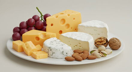 Assorted Cheeses with Grapes and Nuts on a White Plate