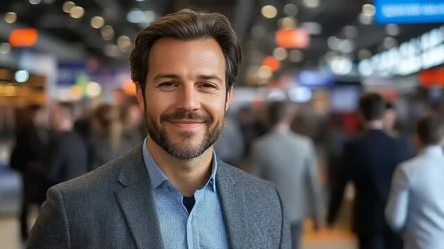Smiling businessman at a convention
