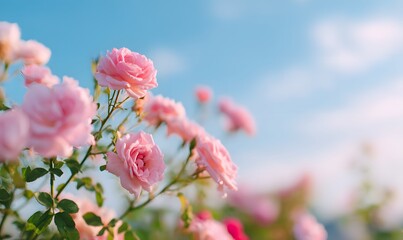 Fototapeta premium a blooming pink rose garden under a bright blue sky with soft white clouds, Generative AI