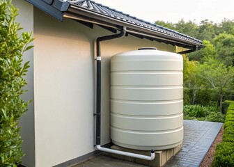 A water storage tank installed beside a modern home.