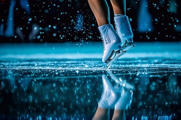 
Close-up photo of a female figure skater in white skates jumping on ice, with a reflection visible. 