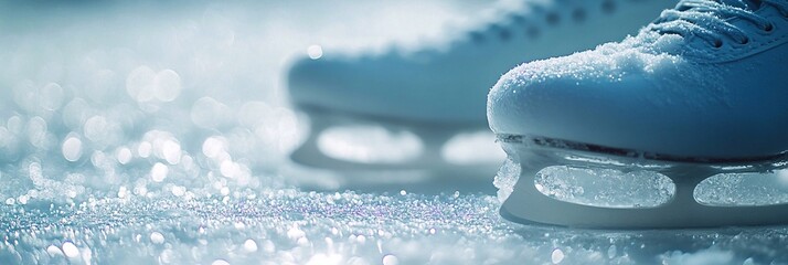 
Close-up photo of white figure skating skates on ice. The ice is melting, and it looks like snow with glitter in the water.