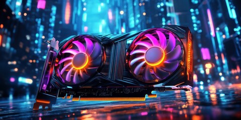 Neon Cityscape Graphics Card: Futuristic Tech