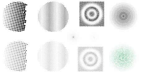 Realistic multiple vector halftones set on geometric background with dotted patterns, gradient textures, and circular dotted effects. Trendy graphic art and creative designs. abstract grainy texture.
