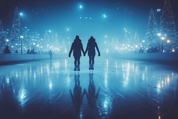 
A couple skating on an ice rink in a city park under snowfall, dressed in warm winter suits, holding hot chocolate or coffee in their hands after skating.

