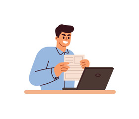 man with laptop, holding document. flat cartoon style vector illustration isolated on white background