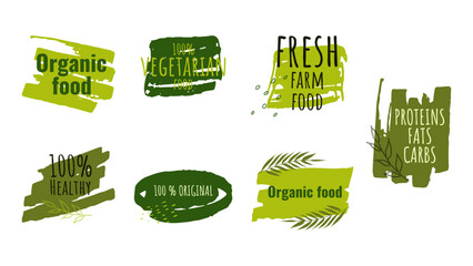 Healthy food labels badges logos Eco stickers. For farmer market eco food vegetarian menu food package. Ecology friendly design. Organic Food, Vegan, Farm Fresh, Natural Product. Vector illustration.