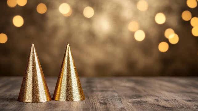Golden party hats glow on rustic wood, weaving magic of New Years Eve, Festivus cheer, and winter solstice joy
