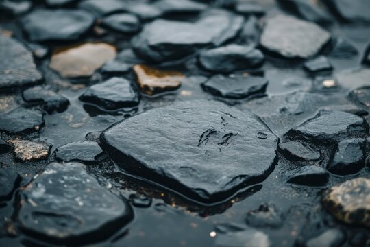 Wet, glistening stones whisper ancient tales under rain's embrace, evoking Petrichor Day, and Earth Cache Geo-festival intrigue