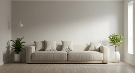 Minimalist Living Room Interior with Cozy Couch and Plants