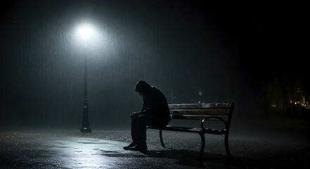 Solitary figure on bench under streetlight during heavy rain at night