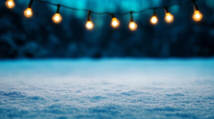Festive string lights twinkle over serene snowfield, invoking Yule tranquility and Winter Solstice magic on a frosty night