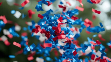 Colorful confetti cascades evoke vibrant jubilation, enlivening patriotic festivity; ideal for Bastille Day or Independence Day celebrations