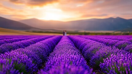 Fototapeta premium Lavender fields ablaze under a golden sunset, epitomizing Provence's tranquil charm and the sensory delight of Bastille Day