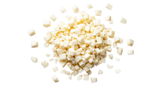 Pile of diced cheese arranged centrally, cut out transparent