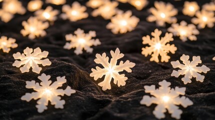 Luminous snowflakes glow whimsically on dark velvet, evoking Yuletide magic and the serene tranquility of Imbolc night