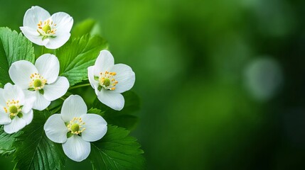 White blossoms dance on verdant leaves, whispering spring equinox secrets; symbols of Hanami and hidden fairy realms
