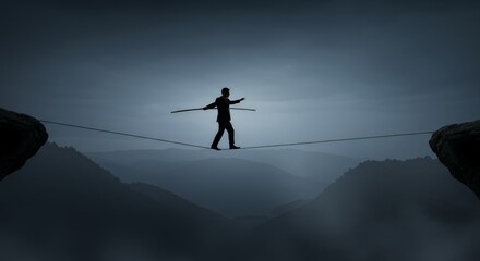 A Businessman Balancing on a Tightrope Above Misty Mountains