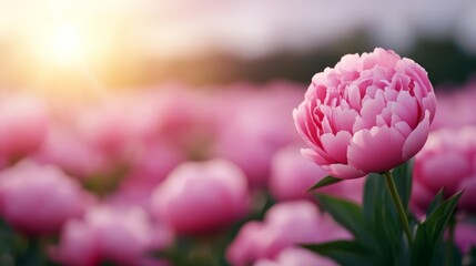 Obraz premium Pink peony drenched in sunrise glow, whispers of sakura season, Hanami delight, ephemeral beauty, surreal garden dreams