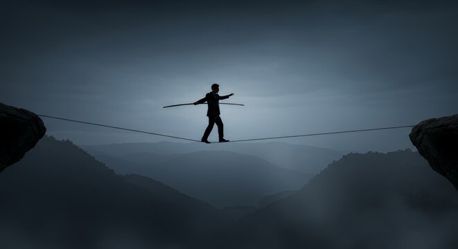 A Businessman Balancing on a Tightrope Above Misty Mountains