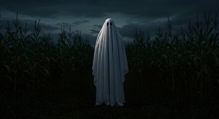 Mysterious Figure in a Cornfield under Dark Clouds at Dusk