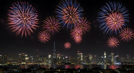 Colorful Fireworks Display Over City Skyline at Night Celebrations