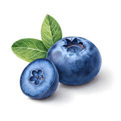 Obraz premium A full blueberry next to a sliced half, showing its juicy purple center.