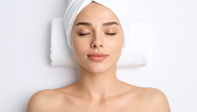 Una mujer relajada con una toalla blanca en la cabeza en un salon de belleza recibiendo un tratamiento de cuidado de la piel de la cara y cuello con los ojos cerrados
