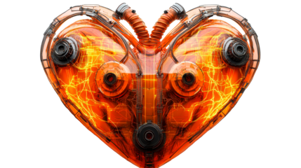 Mechanical heart, orange inner glowing structure, cut out transparent