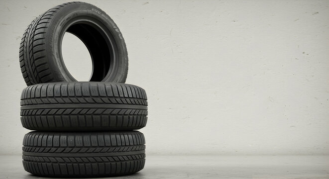 Stacked Black Rubber Tires with Minimalist Background in Studio