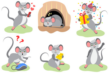 Cute cartoon animal mouse sleeps, eats, celebrates birthday and communicates on mobile phone. Vector illustration set, simple design on white background.