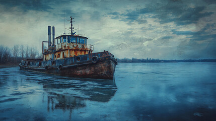 Naklejka premium Rusted ship on frozen river