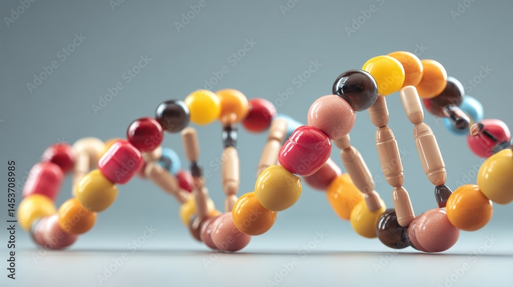 Leinwandbilder Colorful DNA Helix Formed by Linked Pills and Capsules Illustrating the Connection Between Health and Genetics Generative AI