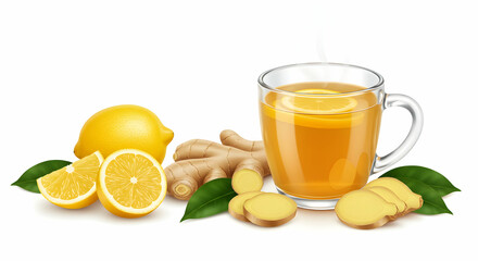 Fresh Lemon Ginger Tea in Glass Cup with Slices and Ginger Root